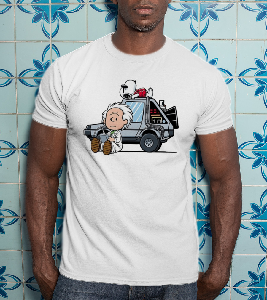 Doc Brown Snoopy Back To The Future Delorean Time Machine Cartoon Mashup T-Shirt