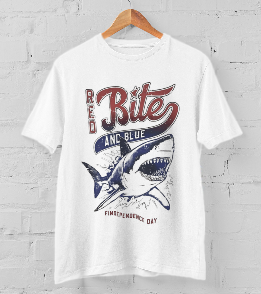 Red Bite And Blue Shark Findependence Day T-Shirt