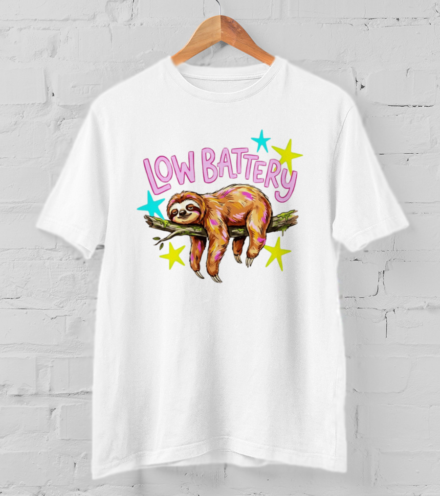 Lazy Sloth Low Battery Tired Animal With Colorful Stars T-Shirt