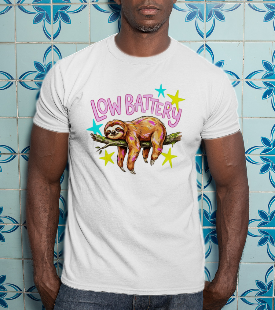 Lazy Sloth Low Battery Tired Animal With Colorful Stars T-Shirt