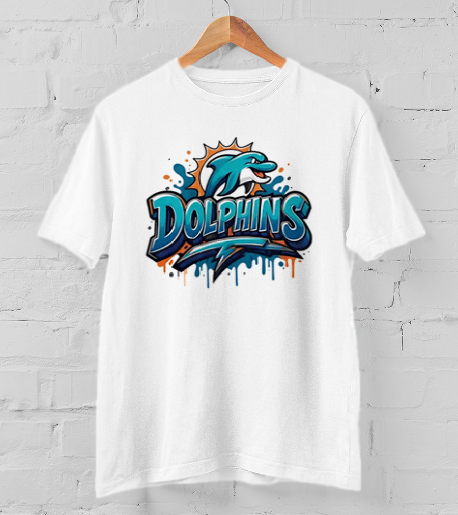 Miami Dolphins Graffiti Football Dolphins Splash Blue Orange T-Shirt