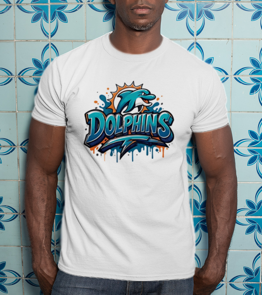 Miami Dolphins Graffiti Football Dolphins Splash Blue Orange T-Shirt