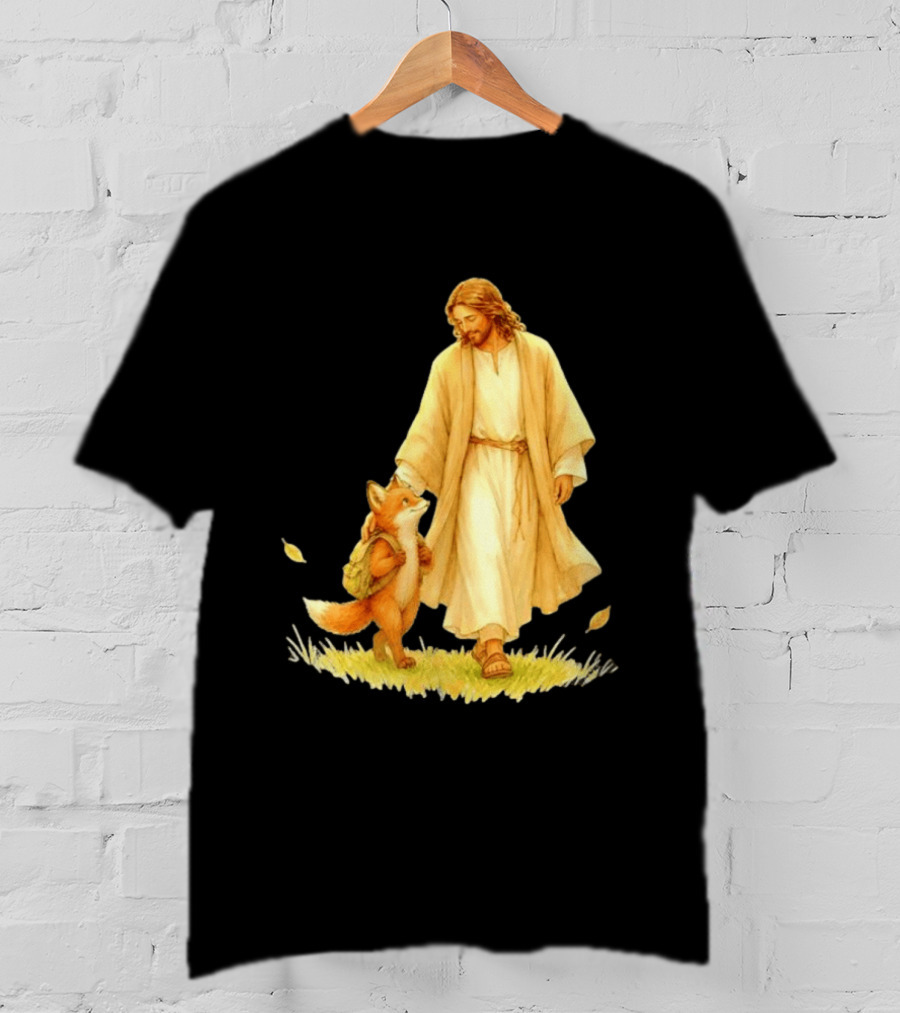 Jesus Christ And Fox Companion With Backpack In Nature Scene T-Shirt