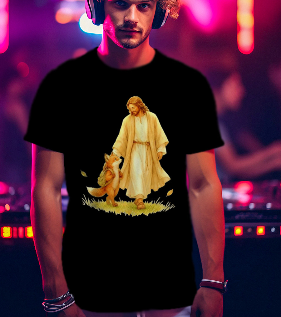 Jesus Christ And Fox Companion With Backpack In Nature Scene T-Shirt