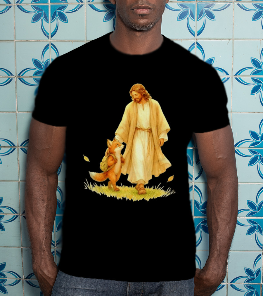 Jesus Christ And Fox Companion With Backpack In Nature Scene T-Shirt