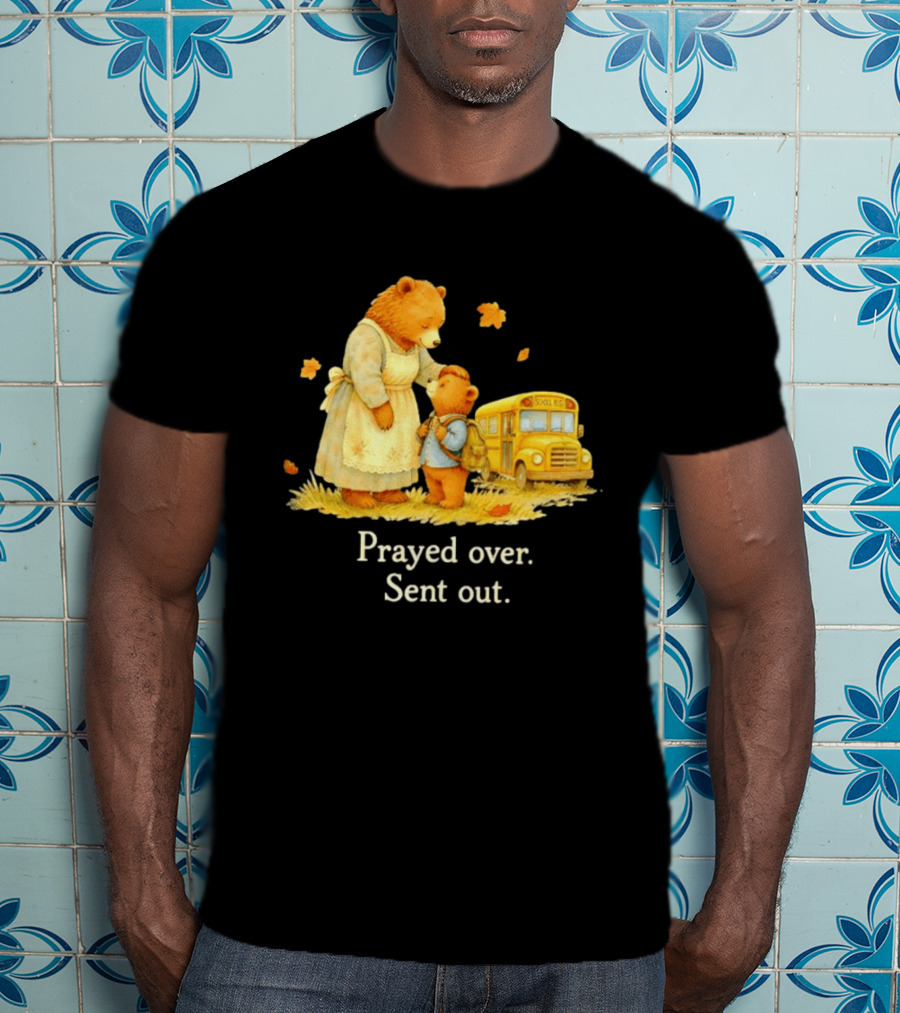 Mama Bear And Cub School Bus Prayed Over Sent Out Back To School Autumn Scene T-Shirt