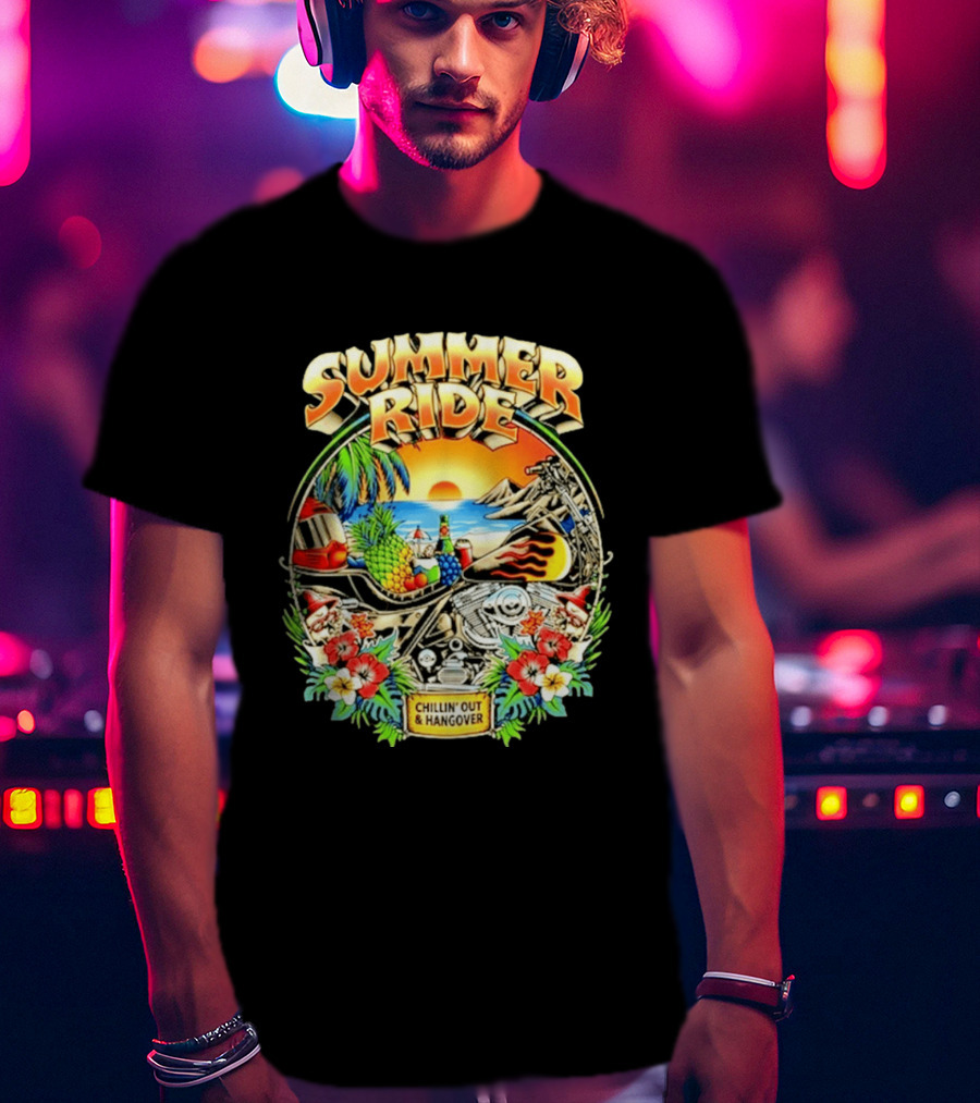 Summer Ride Chillin' Out Hangover Motorcycle Beach Sunset Tropical Fruits Floral T-Shirt