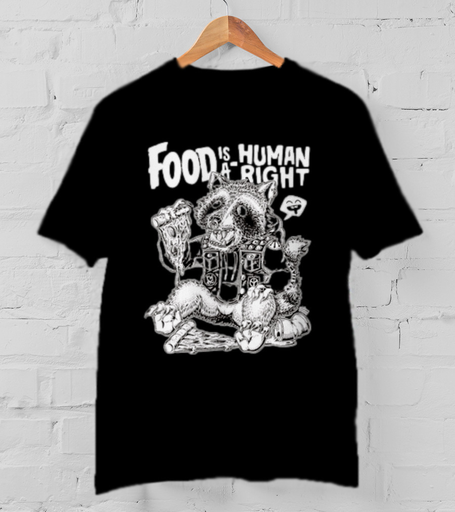 Food Is A Human Right Raccoon Punk Rocker Skeleton Peace Signs T-Shirt