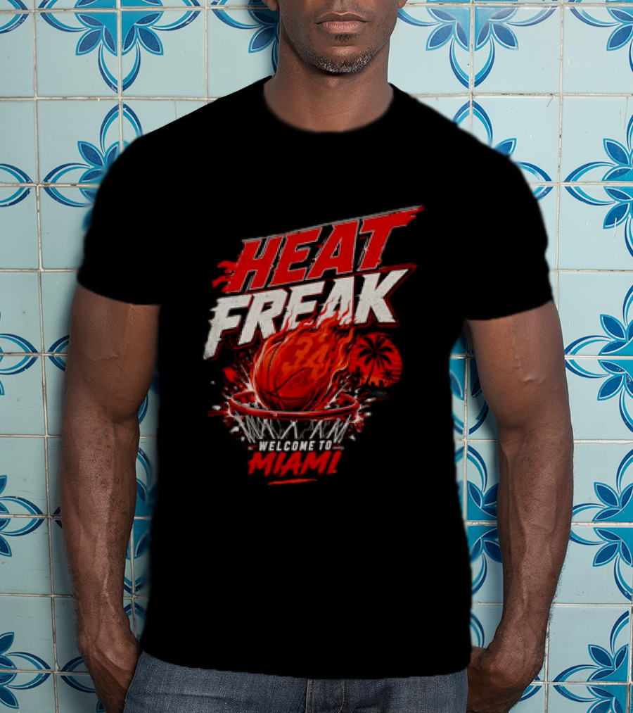 Heat Freak Welcome To Miami Basketball Flame Palm 34 T-Shirt