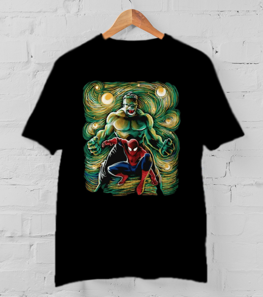 Hulk And Spider Man Marvel Comics Starry Night Sky Superhero Collaboration T-Shirt