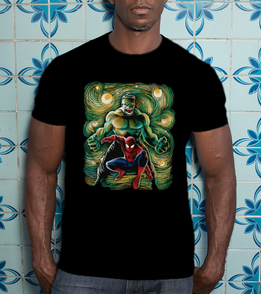 Hulk And Spider Man Marvel Comics Starry Night Sky Superhero Collaboration T-Shirt