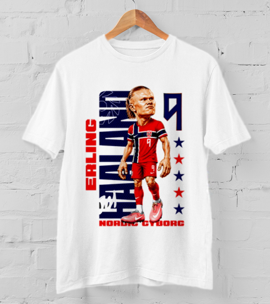Erling Haaland No 9 Nordic Cyborg Stars And Stripes Caricature T-Shirt