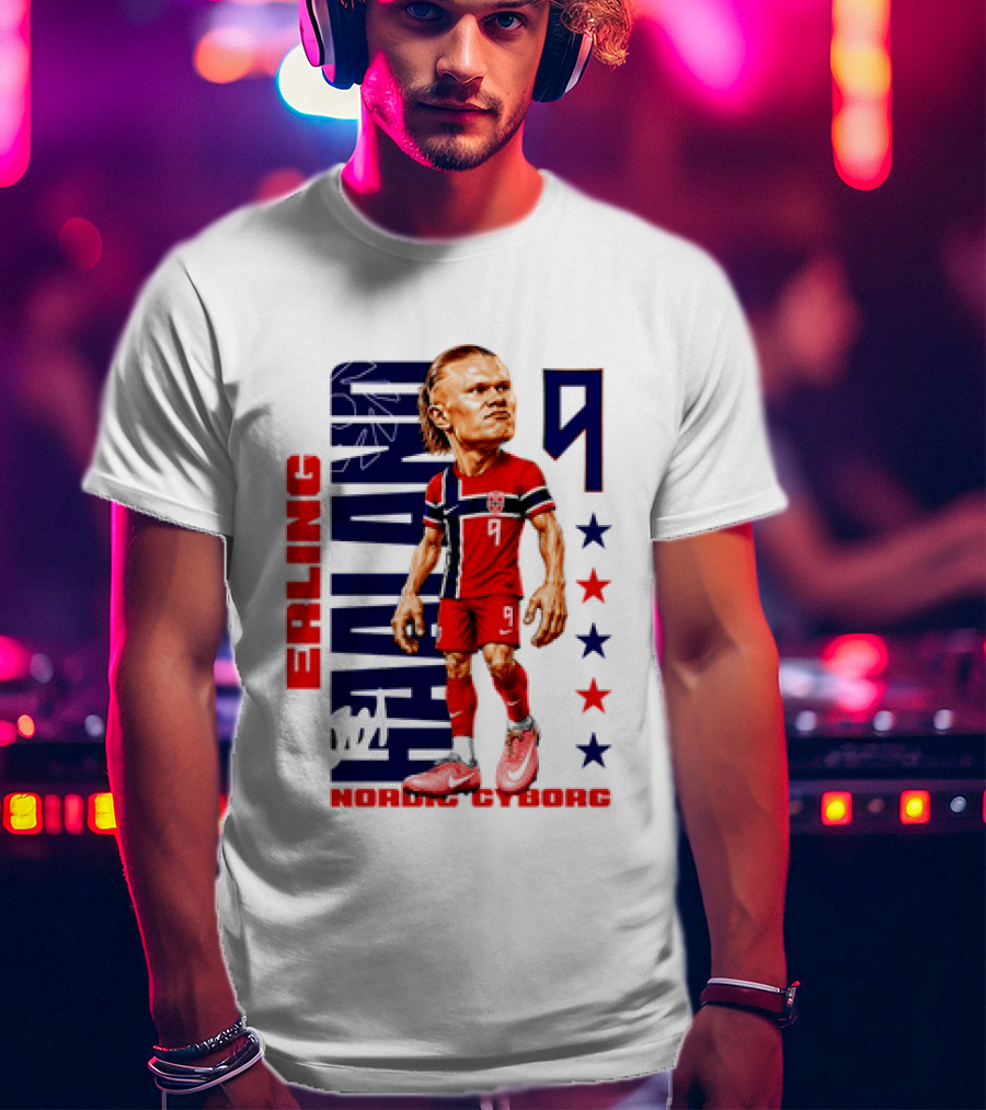 Erling Haaland No 9 Nordic Cyborg Stars And Stripes Caricature T-Shirt