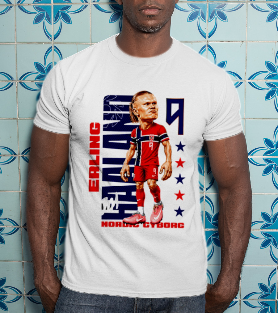 Erling Haaland No 9 Nordic Cyborg Stars And Stripes Caricature T-Shirt