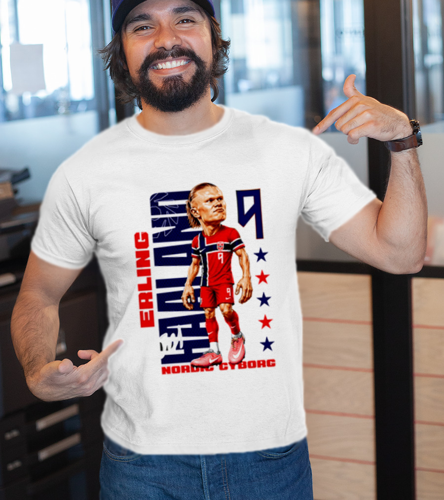Erling Haaland No 9 Nordic Cyborg Stars And Stripes Caricature T-Shirt