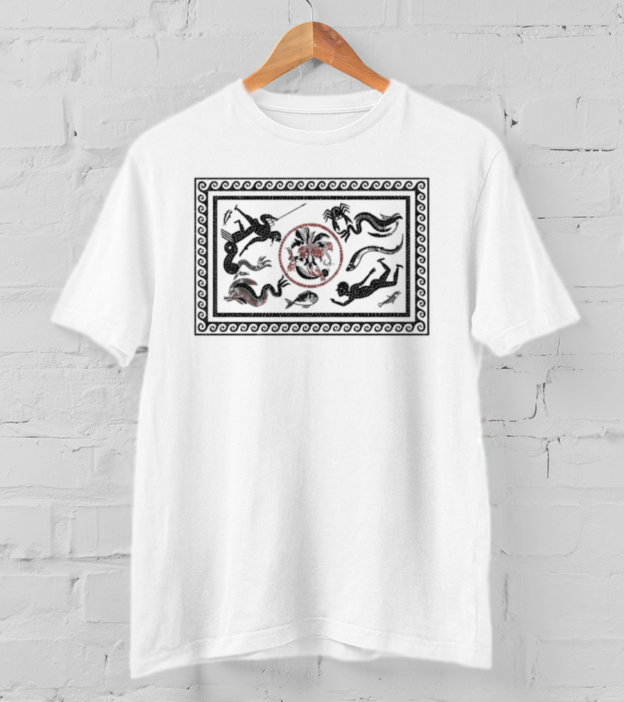 Roman Mosaic Mythological Ocean Marine Life Neptune Trident Creatures T-Shirt