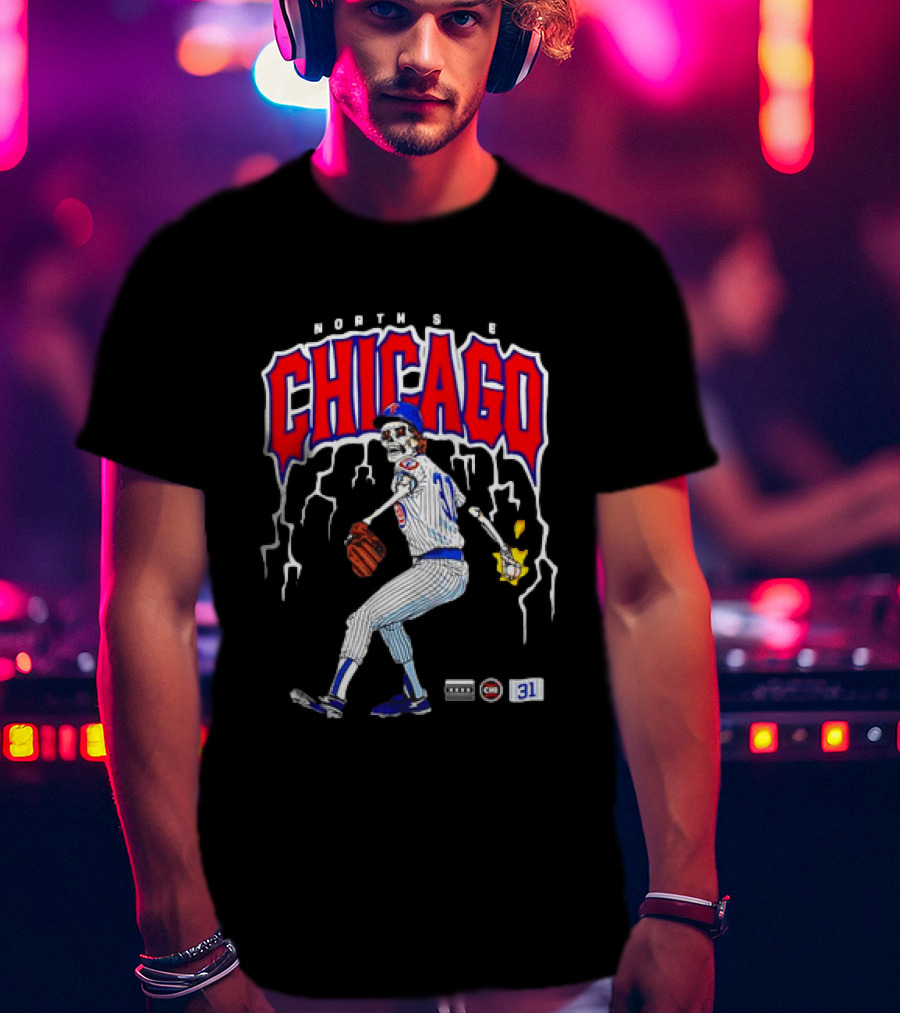North Side Chicago Skeleton Pitcher CHI 31 Baseball T-Shirt