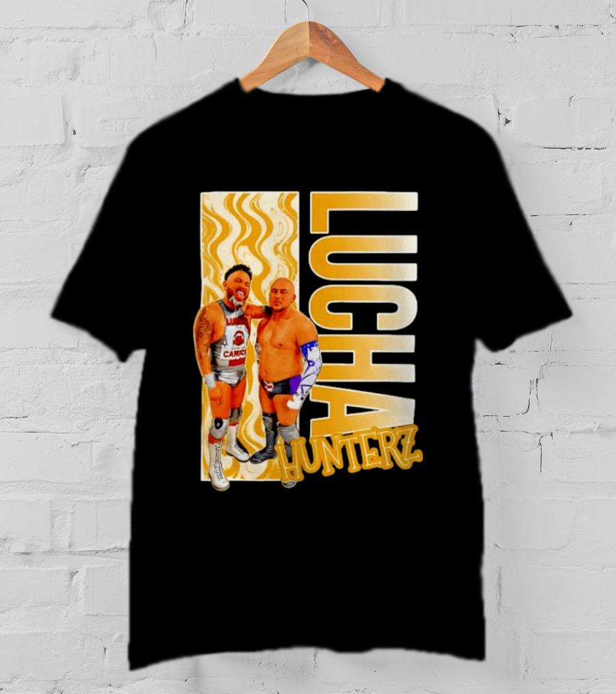 Lucha Hunterz Wrestlers Duo With Llamas And Gold Accents T-Shirt