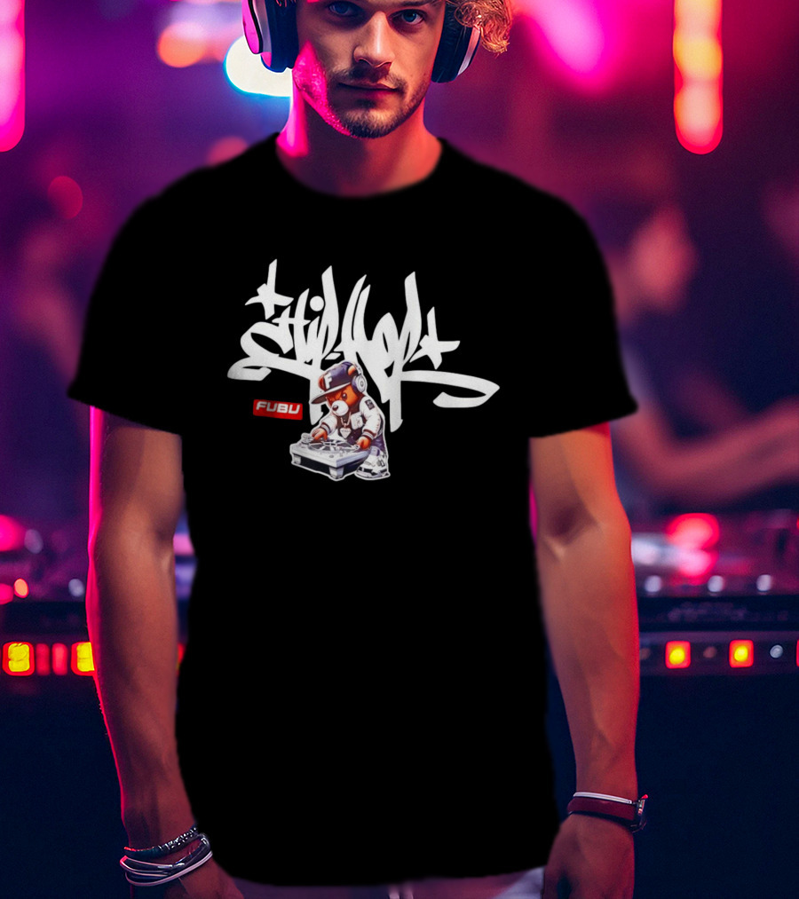 FUBU DJ Bear Still Rollin Hip Hop Scratching Records T-Shirt