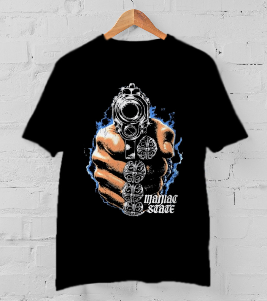 Maniac State Handgun Fist Chrome Cross Rings T-Shirt
