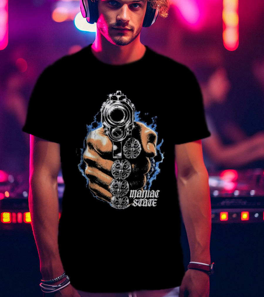 Maniac State Handgun Fist Chrome Cross Rings T-Shirt