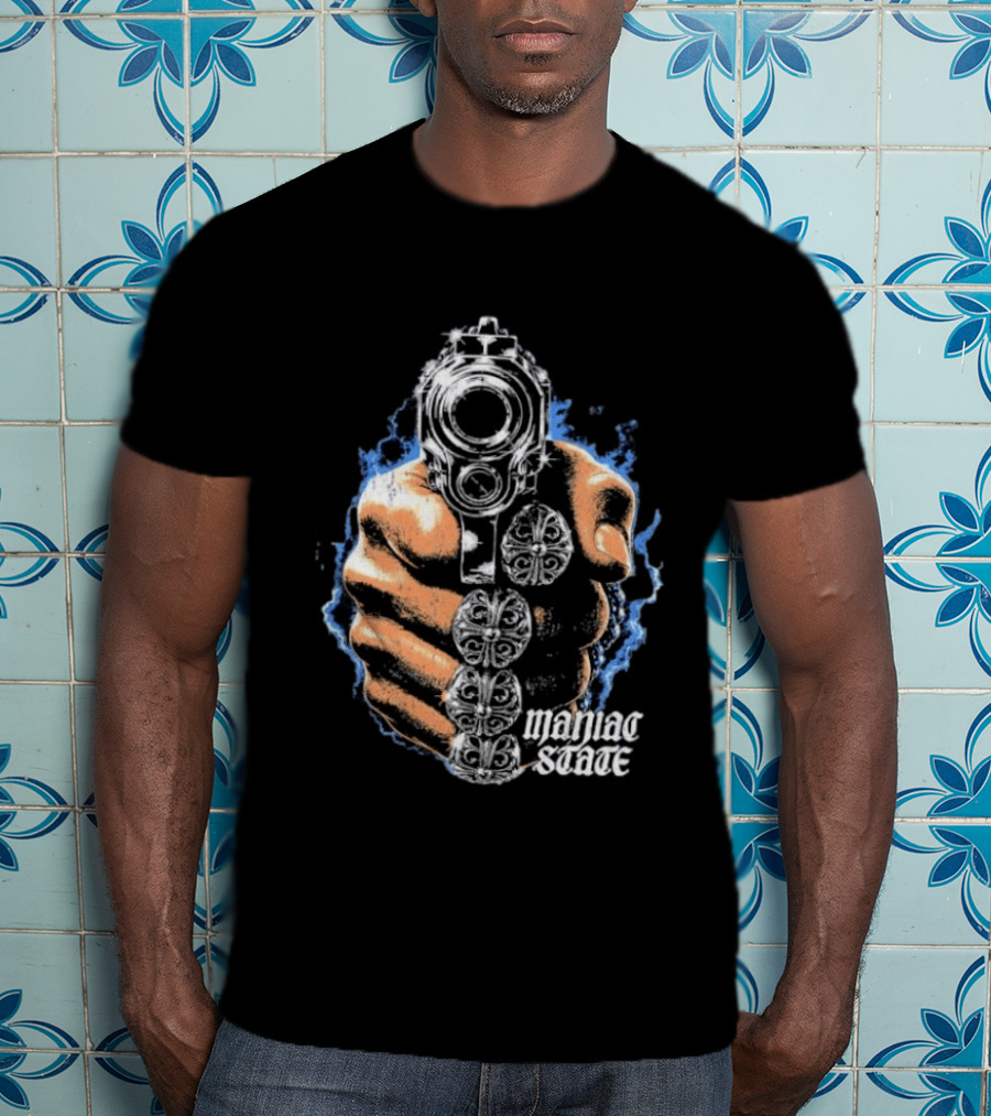 Maniac State Handgun Fist Chrome Cross Rings T-Shirt