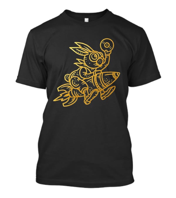 Golden Rabbit Riding A Rocket With Vinyl Record Music Space Adventure T-Shirt