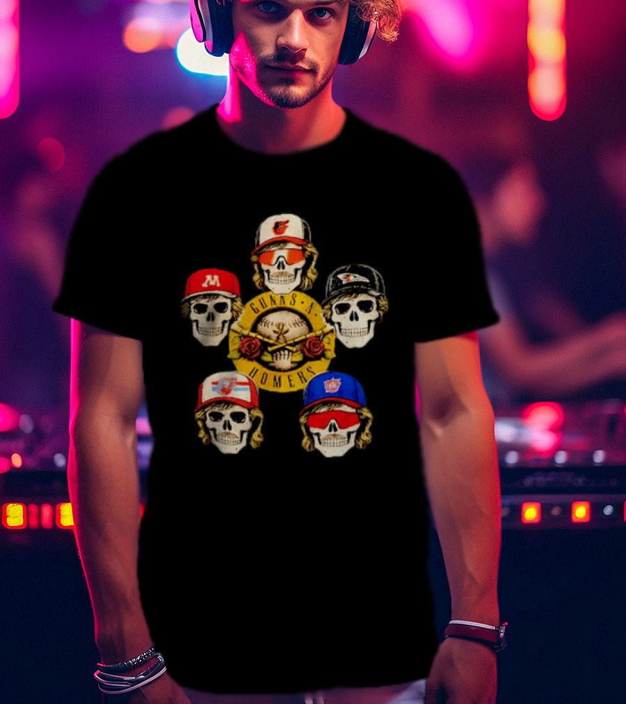 Gunns N Homers Baseball Skull Mashup With Five Caps T-Shirt