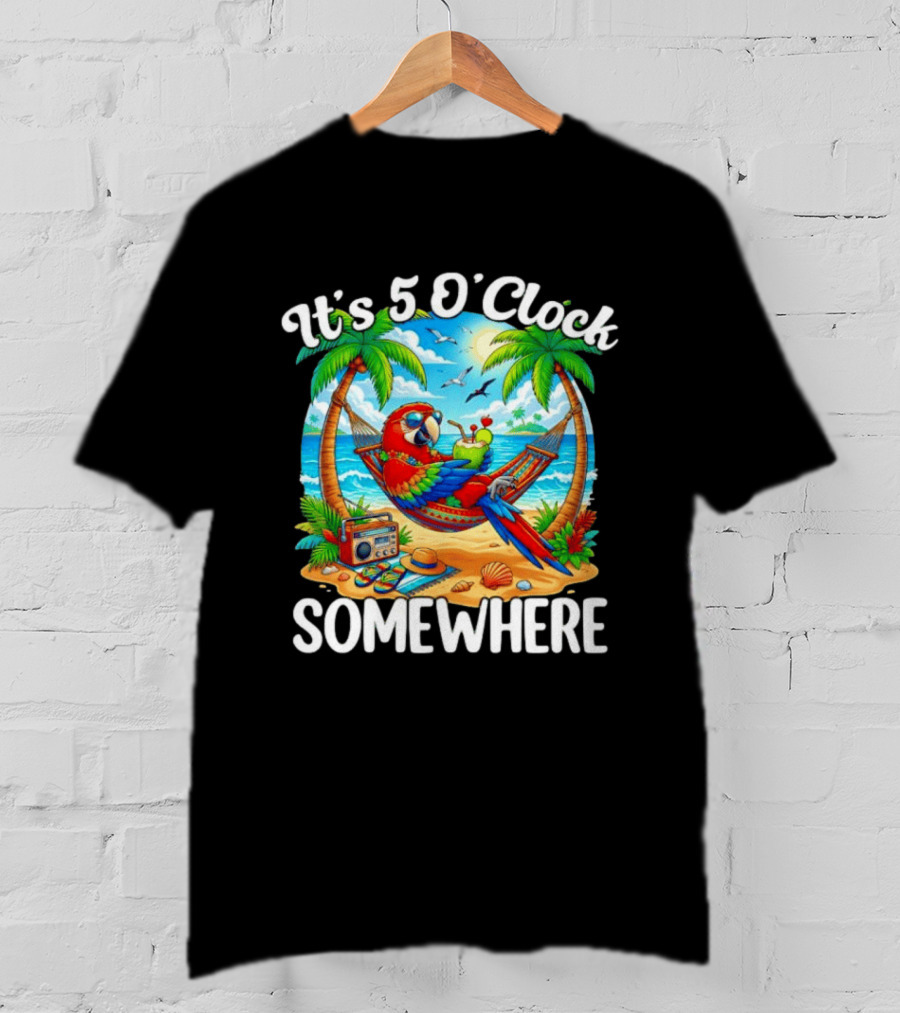 Parrot Relaxing In Hammock On Tropical Beach With It's 5 O' Somewhere Vibe T-Shirt