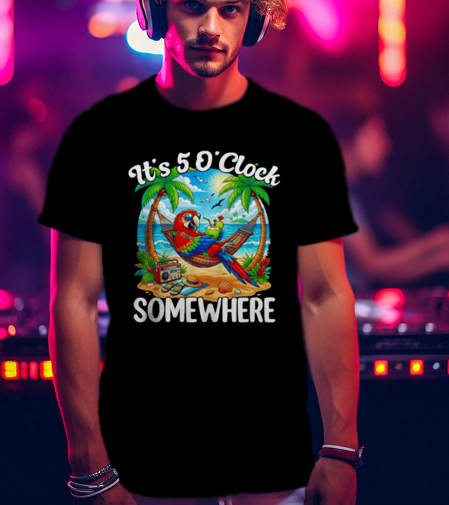 Parrot Relaxing In Hammock On Tropical Beach With It's 5 O' Somewhere Vibe T-Shirt