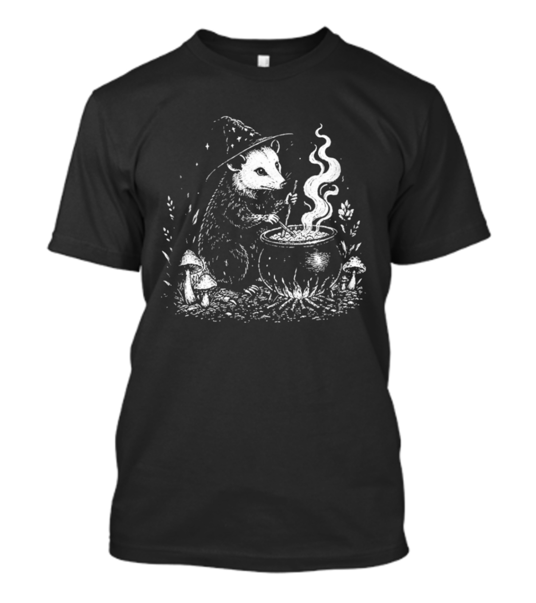 Witch Opossum Stirring Cauldron Surrounded By Mushrooms T-Shirt