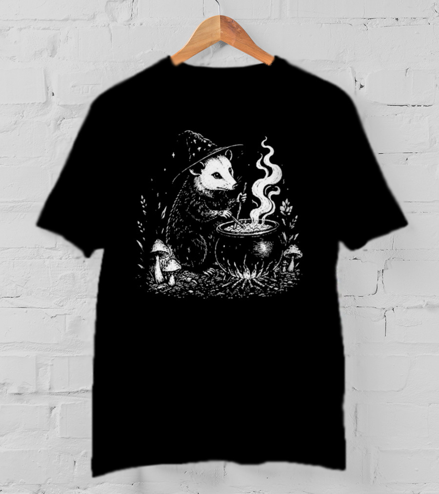 Witch Opossum Stirring Cauldron Surrounded By Mushrooms T-Shirt