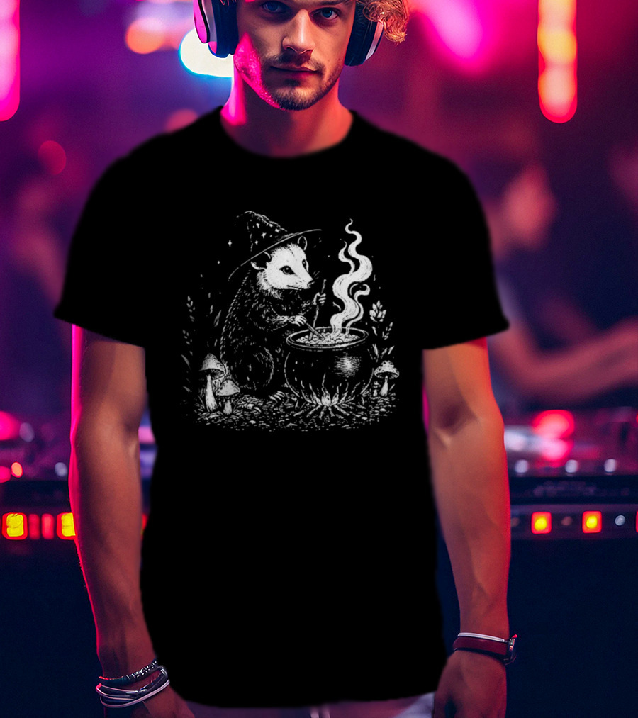 Witch Opossum Stirring Cauldron Surrounded By Mushrooms T-Shirt