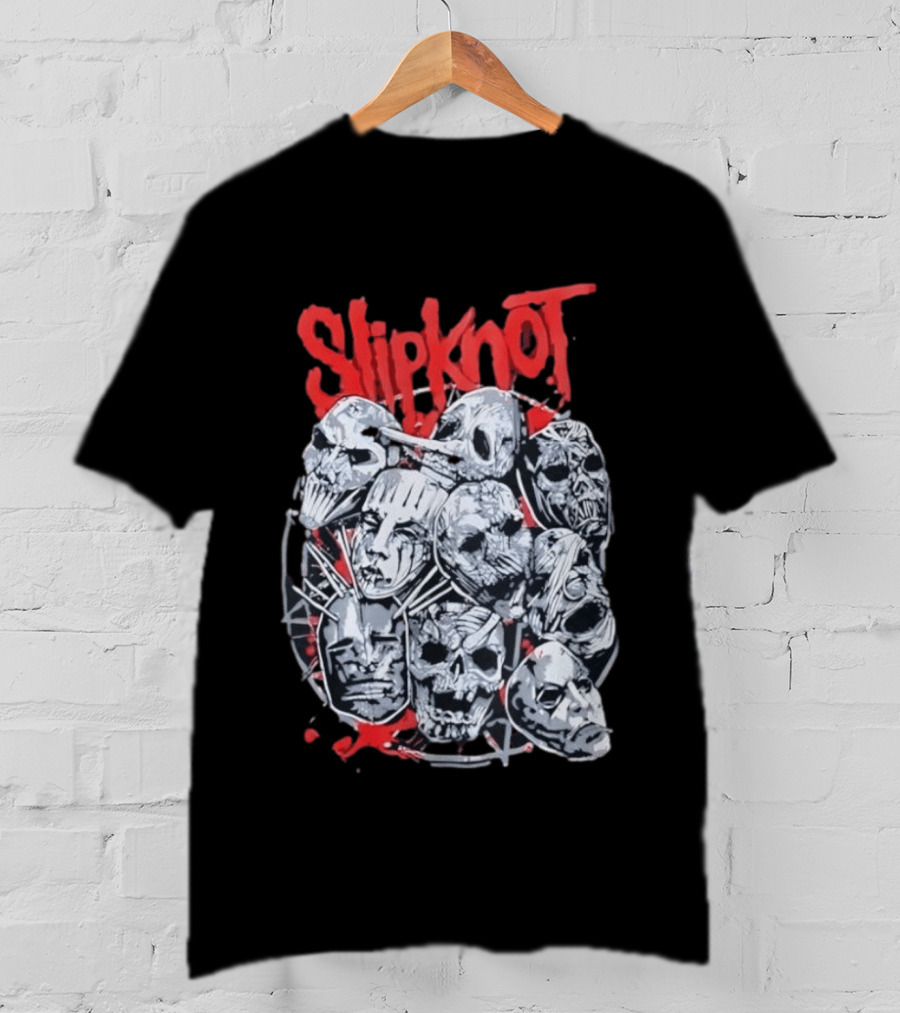Slipknot Mask Collection With Band Name In Red T-Shirt