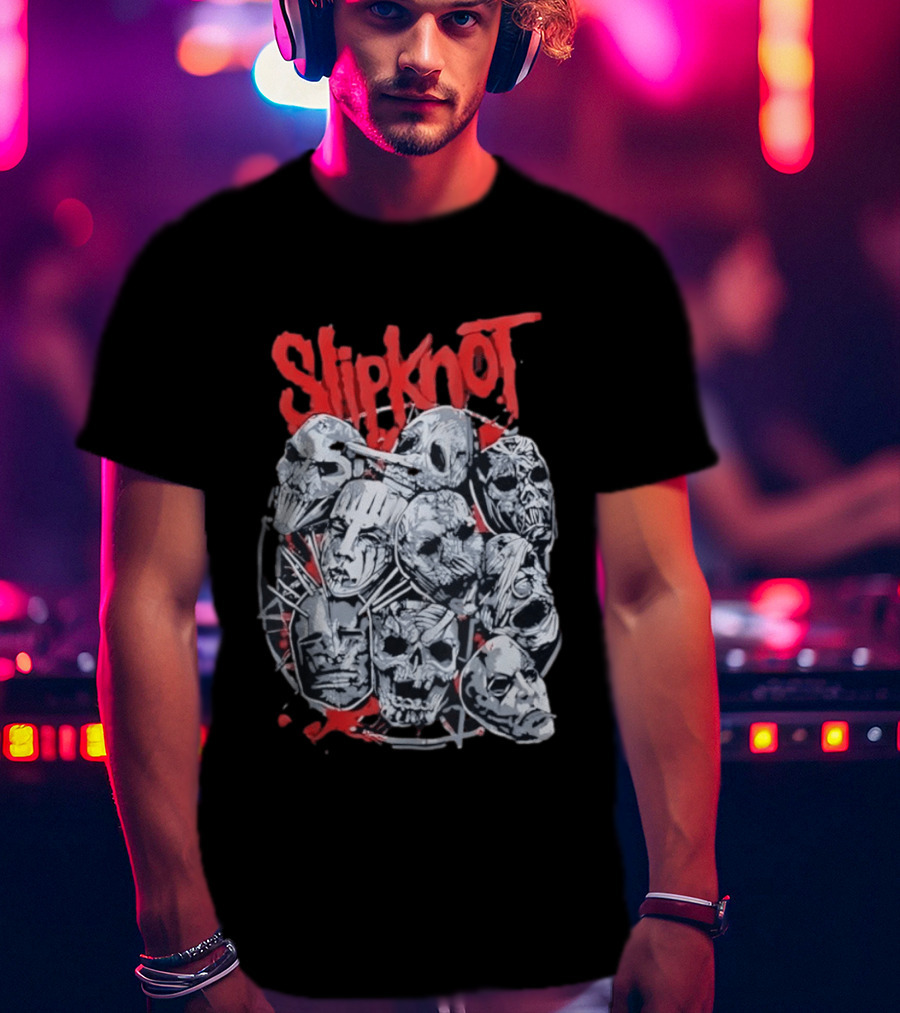 Slipknot Mask Collection With Band Name In Red T-Shirt