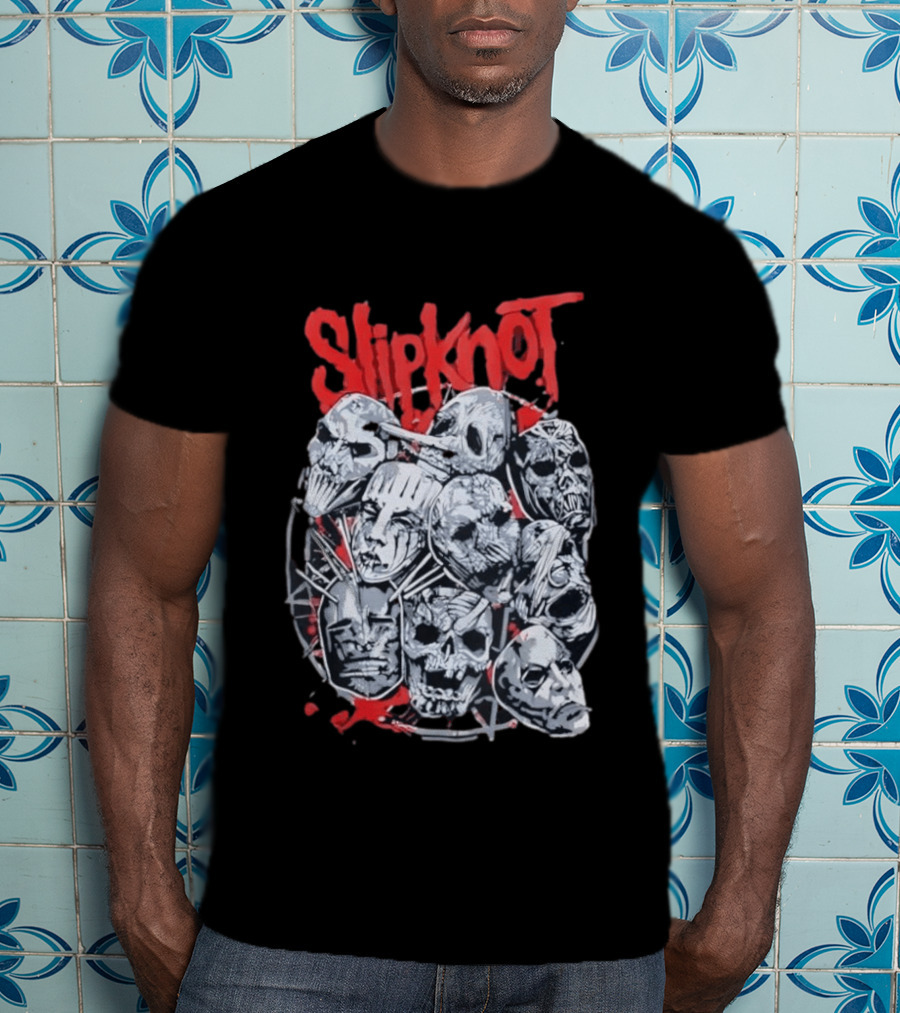 Slipknot Mask Collection With Band Name In Red T-Shirt