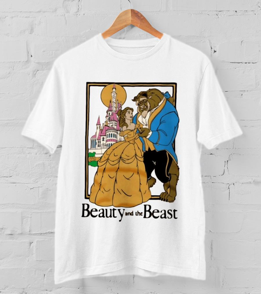 Beauty And The Beast Belle And Beast Dancing In Front Of Castle T-Shirt