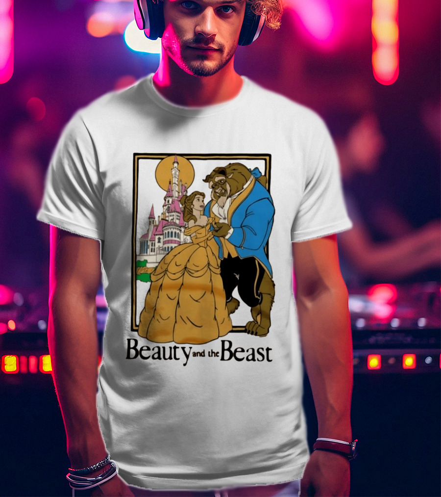 Beauty And The Beast Belle And Beast Dancing In Front Of Castle T-Shirt