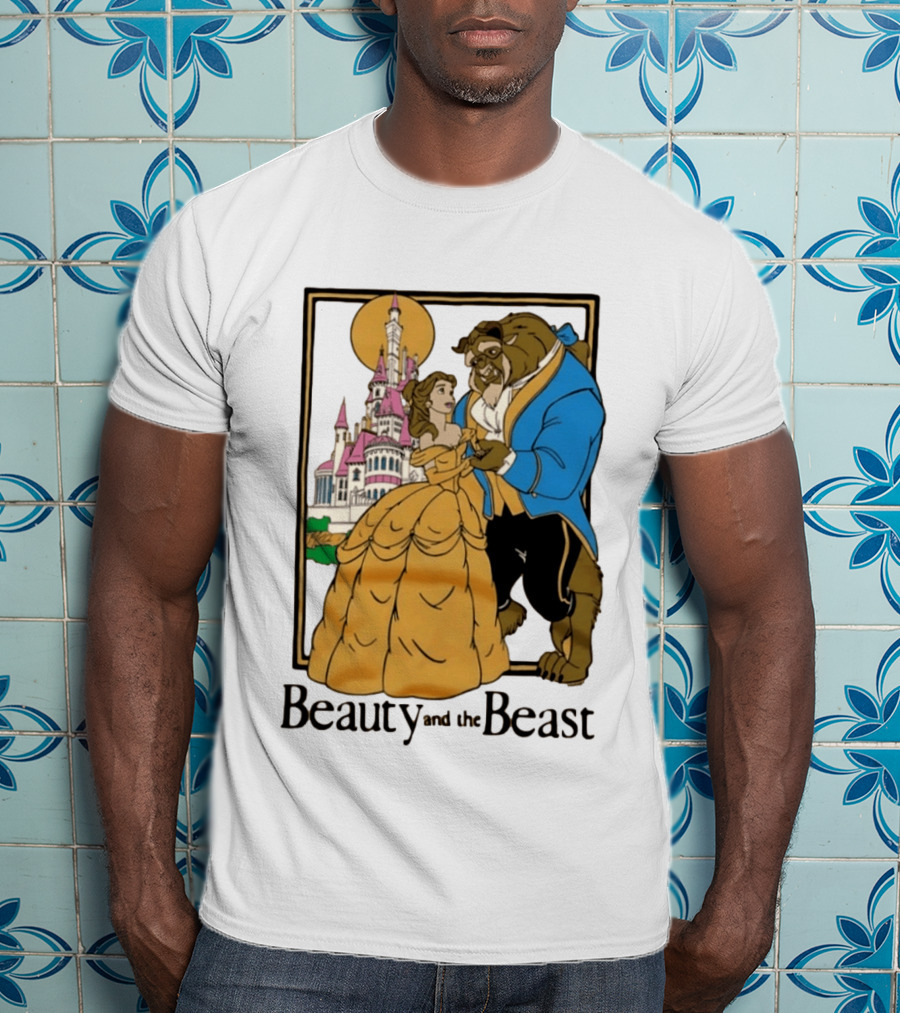 Beauty And The Beast Belle And Beast Dancing In Front Of Castle T-Shirt