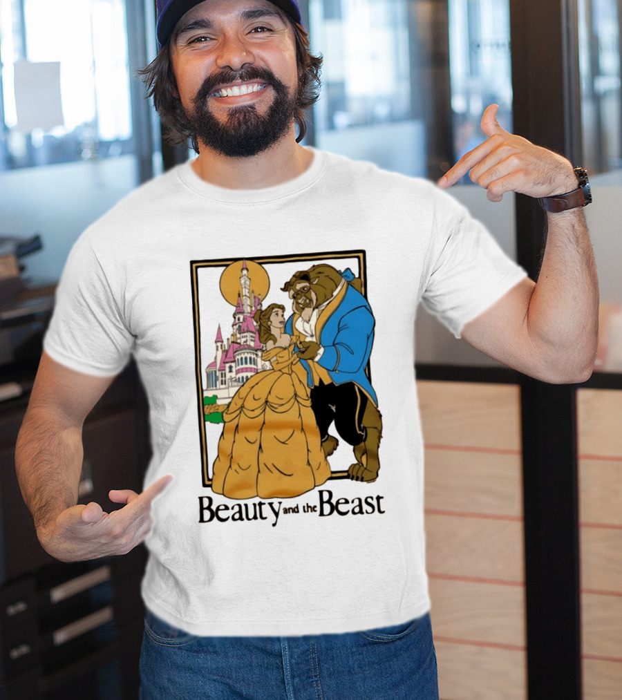 Beauty And The Beast Belle And Beast Dancing In Front Of Castle T-Shirt