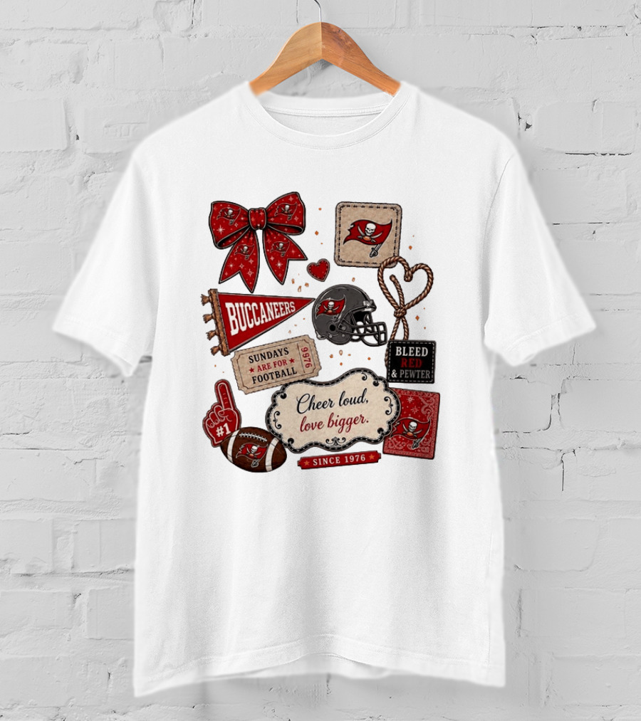 Tampa Bay Buccaneers Mom Red Floral Bow Cheer Loud Love Bigger Football Patch Collage T-Shirt
