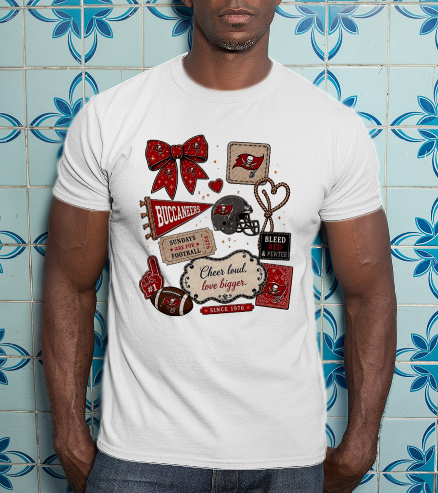 Tampa Bay Buccaneers Mom Red Floral Bow Cheer Loud Love Bigger Football Patch Collage T-Shirt