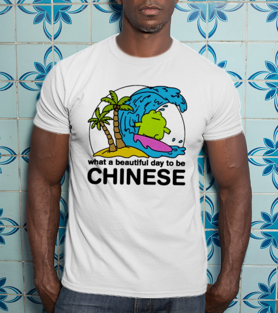What A Beautiful Day To Be Chinese Surfing Frog With Palm Trees And Waves T-Shirt