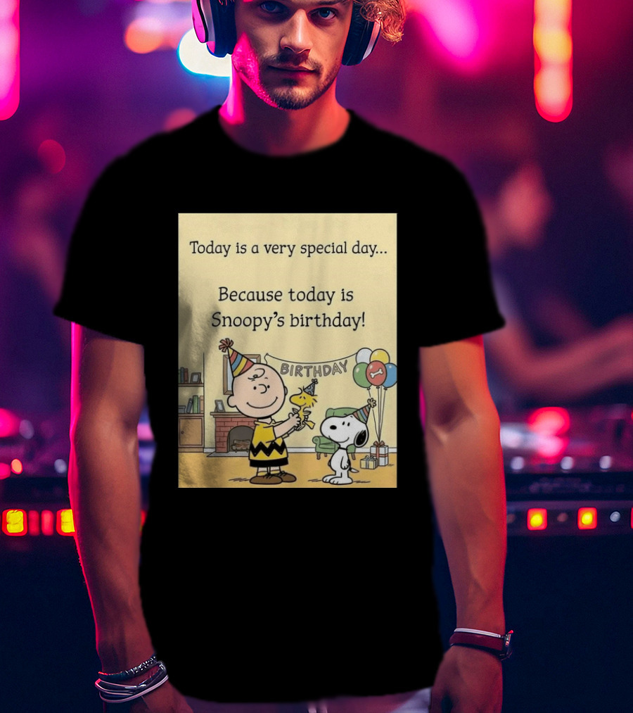 Celebrate Snoopy's Birthday With Charlie Brown And Woodstock In Party Hats And Balloons T-Shirt