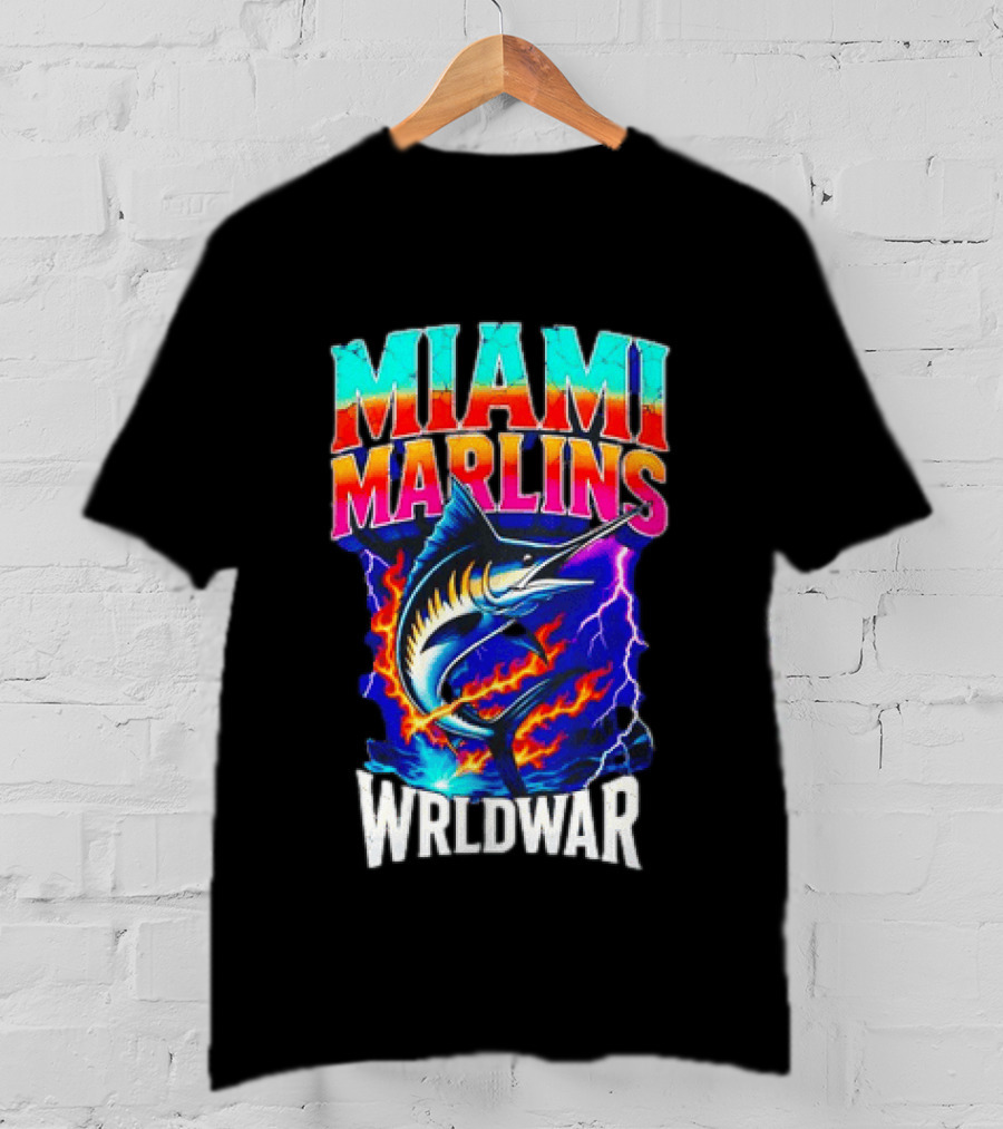 Miami Marlins Wrldwar Lightning Flame Marlin T-Shirt
