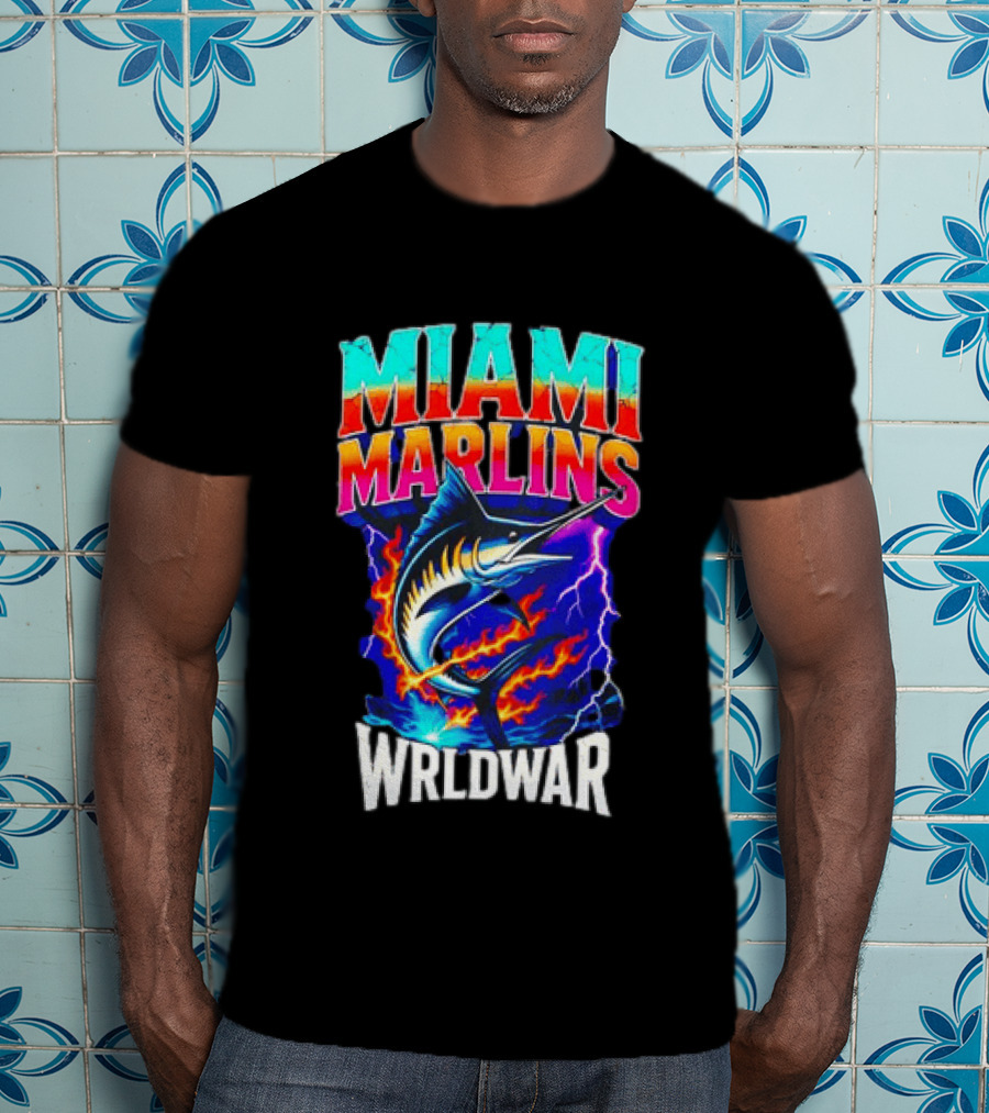 Miami Marlins Wrldwar Lightning Flame Marlin T-Shirt