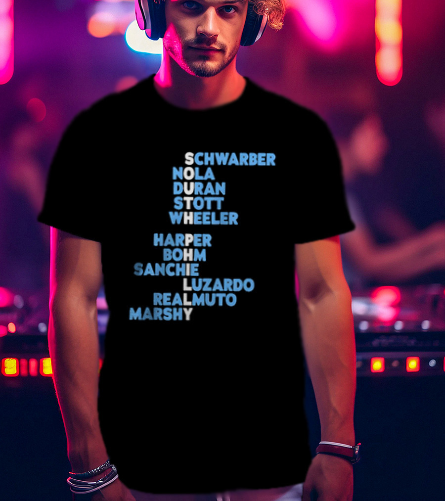 Philadelphia Phillies South Philly Baseball Player Names 2026 Schwaber Nola Duran Stott Wheeler Harper Bohm Sanchez Luzardo Realmuto Marsh T-Shirt