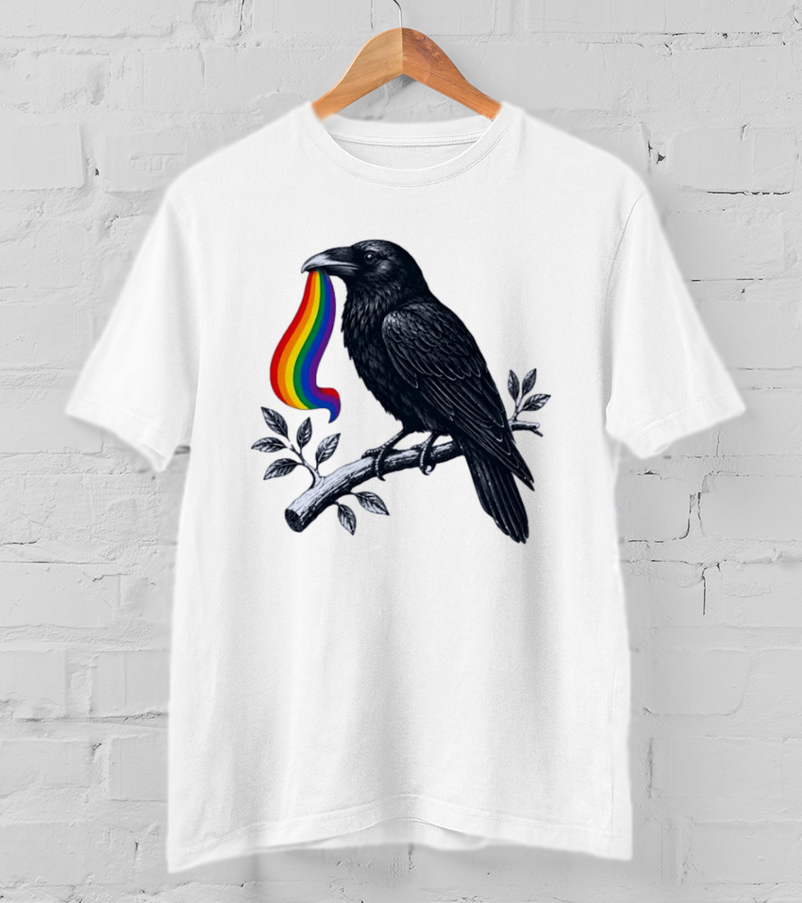 Rainbow Raven Pride Bird Holding Colorful Ribbon On Branch T-Shirt