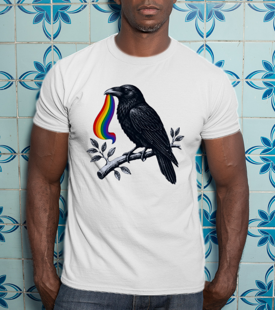 Rainbow Raven Pride Bird Holding Colorful Ribbon On Branch T-Shirt