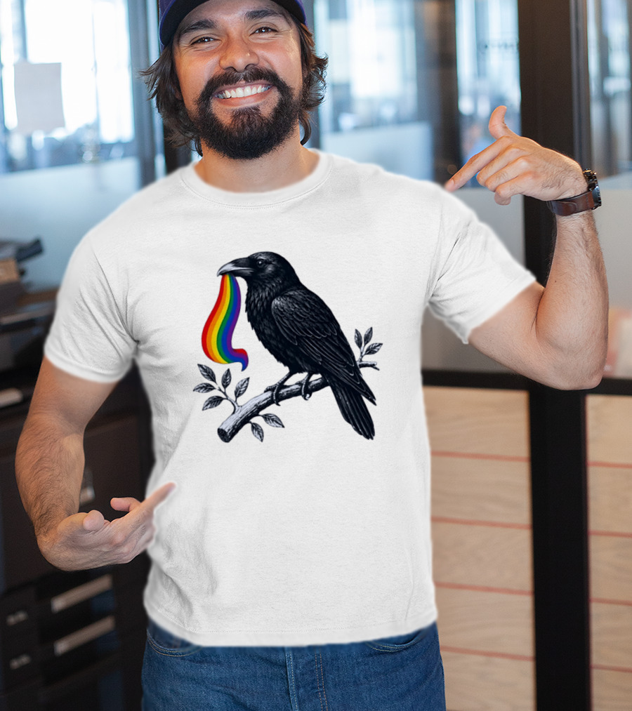 Rainbow Raven Pride Bird Holding Colorful Ribbon On Branch T-Shirt